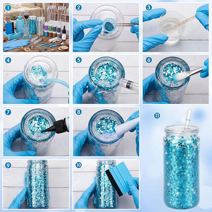 Meanplan 8 Pack DIY Plastic Snow Globe Tumbler Supply Kit 16oz Pre Drilled Double Wall Cup 20 Colors Glitter Squeeze Bottle Funnel Tweezer Syringe Cradle Measuring Cup Flashlight Buffer Glove (Blue)