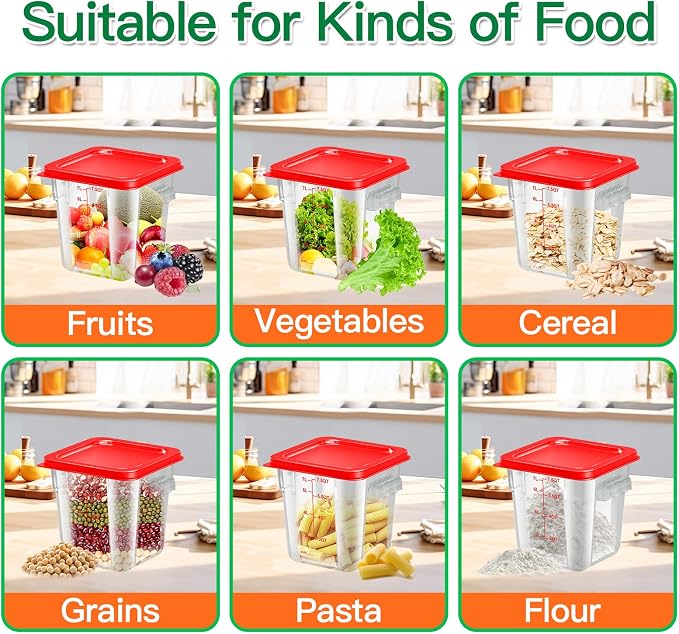 4 pcs 8qt Food Storage Containers with Lid, Square Clear Commercial Food Storage Containers with Handle and Scale for Food Storage in Home Kitchen & Dining (Red)