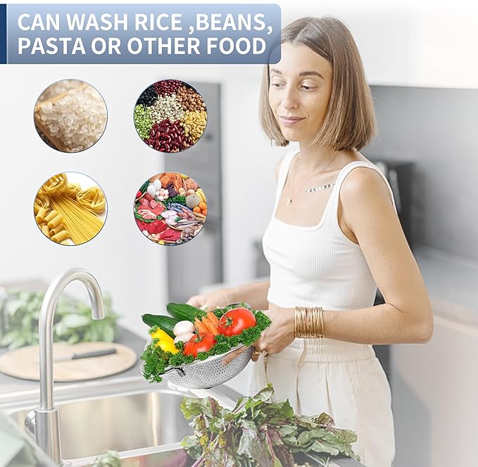 Gulex Colander Stainless Steel 5-Quart, Metal Strainers with Base, Strainer for Kitchen Food, Dishwasher Safe