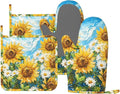 Oven Mitts and Pot Holders Sunflower Daisy Flower Art Silicone Kitchen Accessories Set of 4 Heat Resistant Long Gloves Potholder Non-Slip Grip for Chef Cooking Baking Grilling BBQ