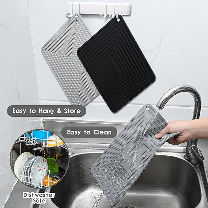Silicone Trivets for Hot Dishes-Pots and Pans, Heat Resistant Mats, Hot Pads for Kitchen Table, Non Slip Silicone Mats-Pot Holders-Placemats, Rectangular Microwave Cover Mats Pack 4 Dark Gray