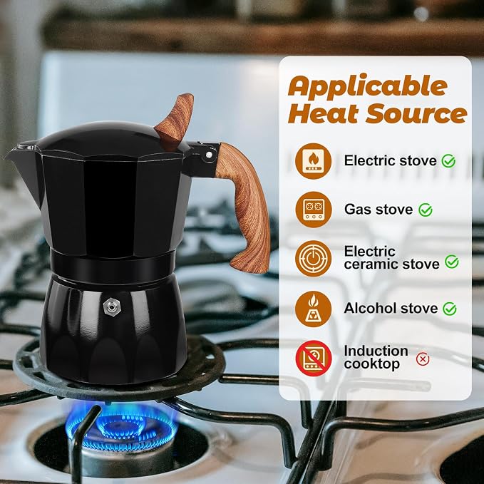 3 Cup Aluminum Moka Pot Classic Stovetop Espresso Coffee Maker 150ml 5oz Coffeemaker Percolator Mocha Pot Greca Coffee Maker Cafe Makers for Italian and Cuban Café Brewing Black