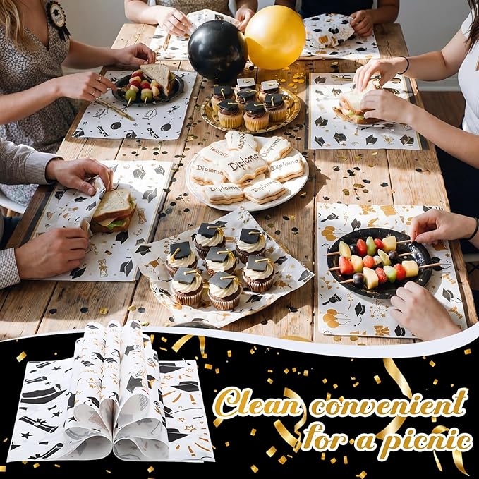 Reallnaive 300 Pcs Graduation Wax Paper Sheets 12 x 12 Inch Black and Gold Parchment Deli Tissue Paper Sandwich Wrapping Sheets Food Basket Liners for Kitchen Restaurant Baking Supplies, 6 Styles