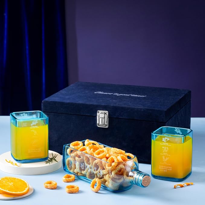 Upcycled Bombay Sapphire Gin Glasses and Platter Set of 3 with Premium Gift Box | Eco-friendly Glasses for Drinks, upcycled from Gin bottles | Ideal for Gin, Whiskey, Cocktail Nibbles and Finger Food