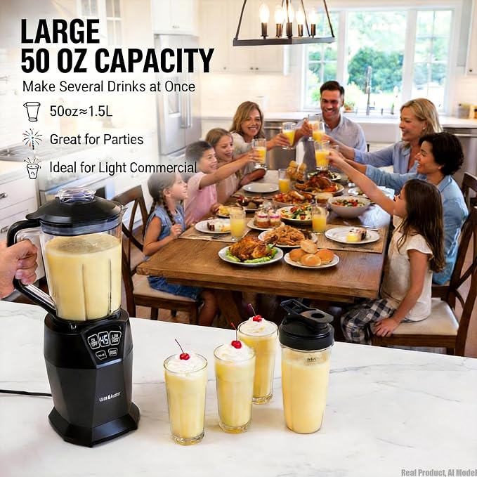 Liebe&Lecker Countertop Blender, 1200W Kitchen Mixer with 50-Oz Jar | Professional Blender with 28-Oz To-Go Cup, 4 Preset Programs for Smoothies, Shakes & Purees, Zero BPA, Matte Black