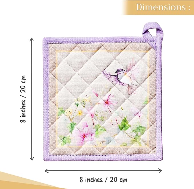 Maison d' Hermine Pot Holders 100% Cotton Heat Resistant Potholders 8" x 8" Hot Pads with Loop Cooking Baking Gifts for Mothers Day Handling Hot Pans Spring/Summer (Pack of 1, Magnolia Mornings)