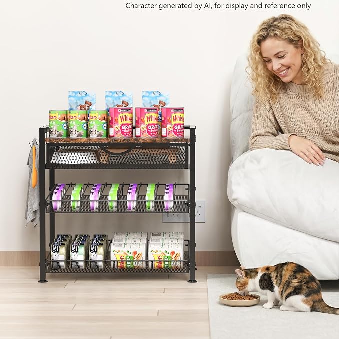 Cat Food Organizer，2 Floors Bring Drawer Storage Rack, Manually Adjust The Gap Size，Store Suitable Can Sizes Container，Automatic Slip Design，Suitable For Pet Food Canned Food Dispenser