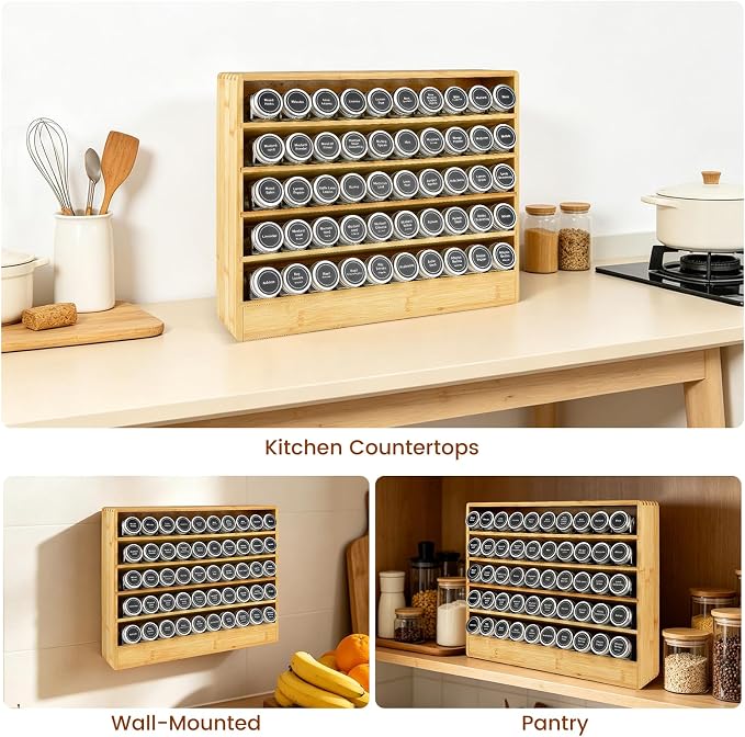 Bamboo Tiered Spice Rack Organizer for Cabinet,Wooden Seasoning Rack for Countertop, Cupboard, Pantry, Kitchen (Spice Jars Not Included)