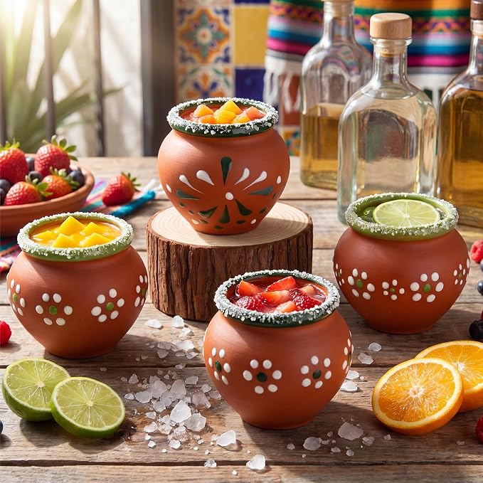 Gejoy 24 Pcs 3oz Cantaritos De Barro Shot Mini Clay Cups Jarritos De Barro Mexicanos Taco Cocktail Glasses for Tequila, Margaritas, Mojitos, Mojitos Cold Hot Drinks (Petal)
