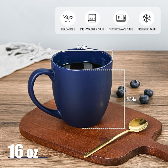 BYCNZB 16oz Coffee Mugs Set of 6, Large Ceramic Modern Coffee Mugs With Handle For Tea,Latte,Cappuccino,Cocoa. Dishwasher.Microwave Safe (Matte Blue)