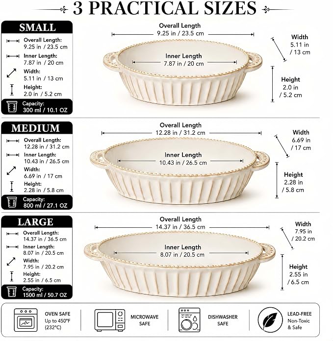 Casserole Dish for Oven, Ceramic Baking Dishes Set, Oval Hobnail Bakeware Set of 3, 9.25"/12.28"/14.37" Baking Dishes with Handle, Deep Lasagna Pan for Roasting, Holiday Dinner, Wedding Gifts, Arctic White