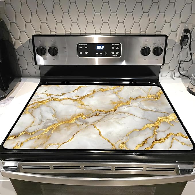 Glass stove top cover 28"x 20", Stove Top Covers for Electric Stove, Flat Range Mat for Glass Cooktop, Kitchen Heat-Resistant Protector Mat Non-Slip Drying Mat (Golden Marble Pattern)