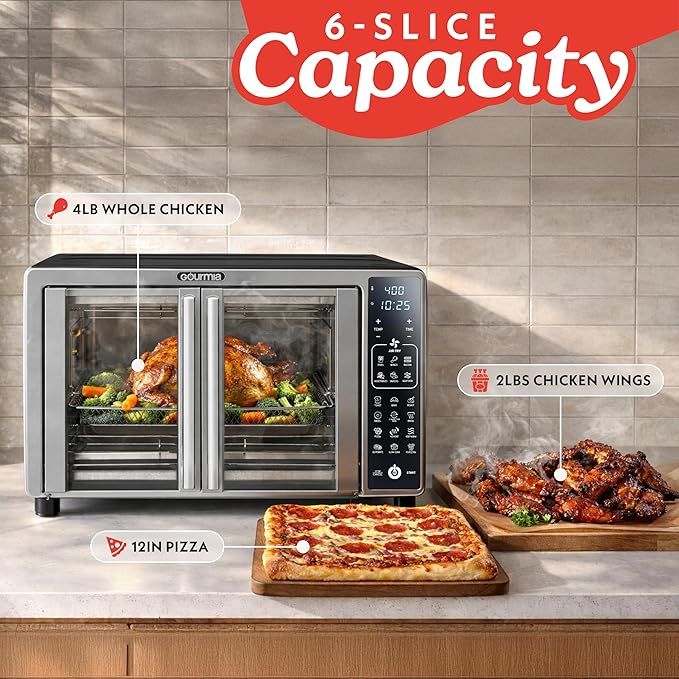 Gourmia Air Fryer French Door Toaster Oven - 6-Slice Capacity, LED Display with 19 Cooking Presets, Stainless Steel