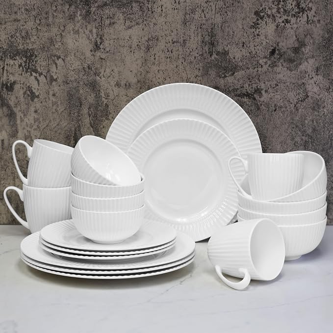 Bone China Dinnerware, 20PC Set, Service for 4, White Embossed, stripe, Microwave Safe, Translucent, Elegant giftware, Dish set, Essential Home, Kitchen Dishes, Dinner Set