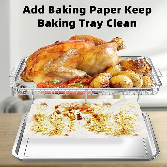 18.6“ x 12.8“ Air Fryer Basket for Oven,YEPATER Extra Large Size Stainless Steel Air Fryer Pan and Crisper Tray with 30 PCS Parchment Paper for Baking Grilling Cooking and Frying