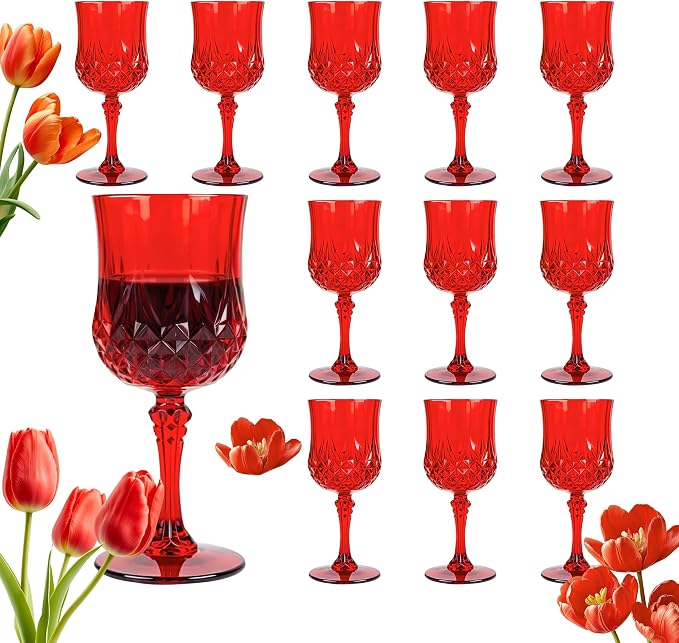 Plastic Wine Glasses, Plastic Goblets Vintage Style Cordial Unbreakable Drinking Glasses, Reusable Drinkware for Wedding Reception, Grand Event Party Supplies (12, Red)