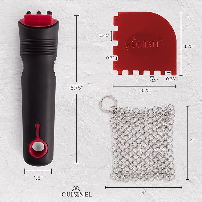 Cuisinel Cast Iron Scrubber Cleaning Brush + Stainless Steel Chainmail + Pan Scraper - Skillet, Grill Cleaner Kit - Soft-Touch Easy-Grip Dish Scrub Tool - Bristles Tough on Grease - Gentle on Cookware