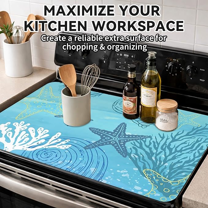 Decorative Stove Top Covers for Electric Stove 28"x20" – Heat Resistant Glass Cooktop Protector Dish Drying Mat – Non-Slip Rubber Backing Washer Top Cover Waterproof Extra Counter Space (Ocean 1)