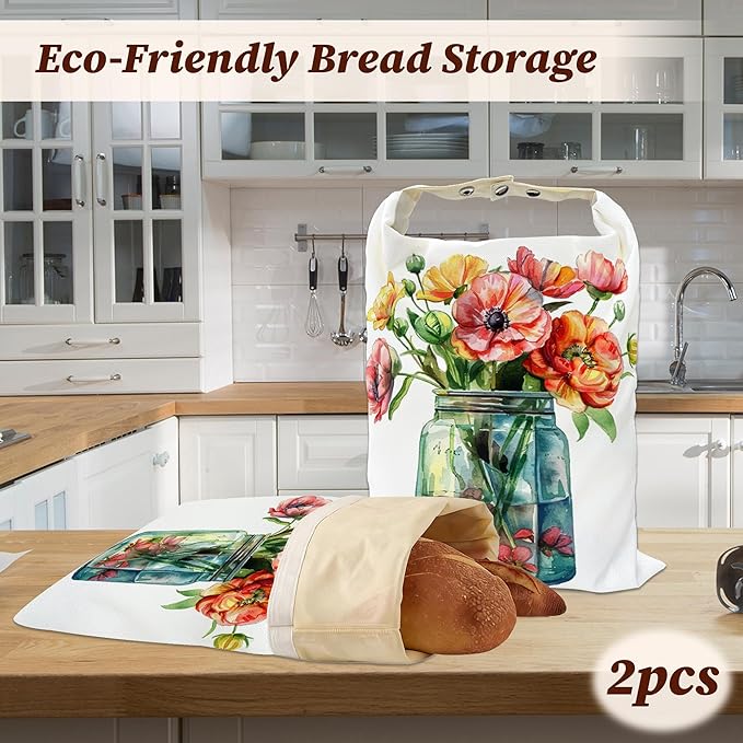 Bread Bags for Homemade Bread, Flowers in Jar 2 Pack Linen and Beeswax Sourdough Storage Bags, Reusable Keeper, Keeps Breads Fresh Longer, Gifts for Bakers