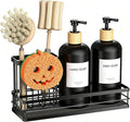 Moforoco Kitchen Dish Soap Dispenser Set, 16OZ Glass Bottle, Hand and Dish Soap Dispenser Set, Instant Dry Tray, Brush Holder with Smiley Face Sponge Holder (Black Tray+Black Bottle+Labels)