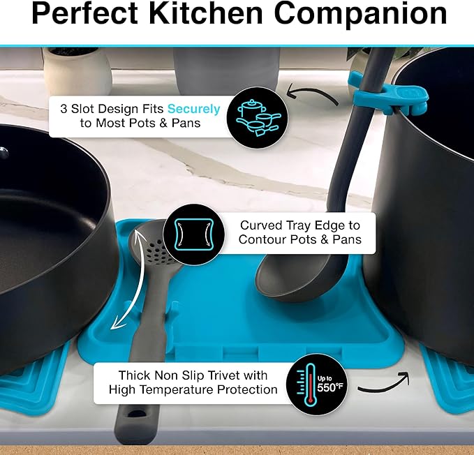 Nottadrip Silicone Spoon Rest for Stove Top - Kitchen Spoon Rest for Countertop, Ladle Holder, All in 1 Serving Station, Elevate Handles, Drip to Tray, Mess Free - 5PC Trivet Set - Blue