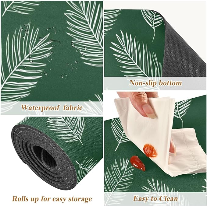 2-in-1 Table Runner Trivet for Hot Dishes Heat Resistant Hot Plate Mat Pad 39x12 Inch Waterproof Table Protector Trivets for Countertop Decorative Green Simple Palm Leaf