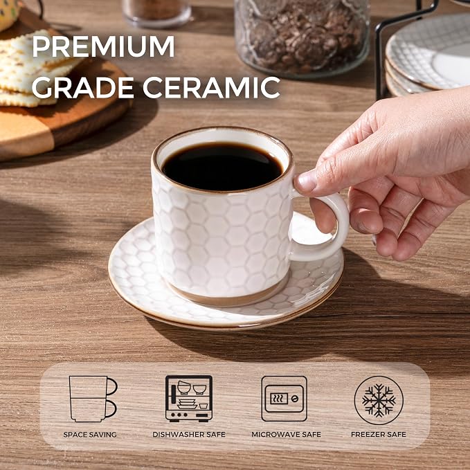 GBhome 6OZ Stackable Coffee Mugs with Stand and Saucer, Ceramic Coffee Mugs Set of 4 with Texture Patterns for Man,Woman,Dad,Mom, Modern Coffee Cups for Latte/Espresso. Dishwasher&Microwave Safe