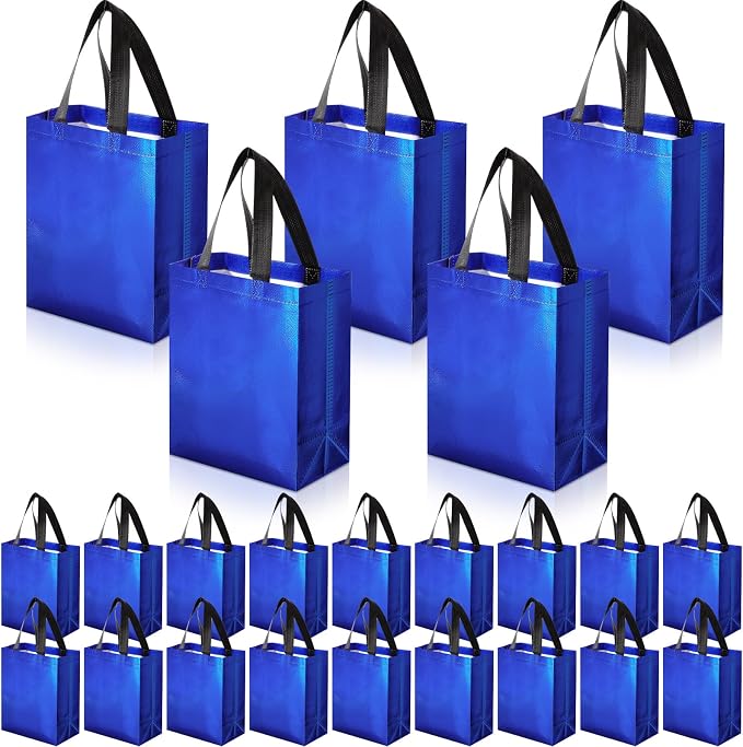 Eccliy Reusable Gift Bags Set Glossy Grocery Gift Tote Bag with Handle for Wedding, Bridal Shower, 4th of July, Summer Event(10 x 8 x 4.7 Inch,Blue,80 Pcs)