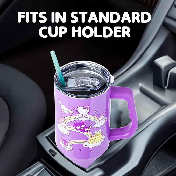 Silver Buffalo Sanrio Hello Kitty and Friends Featuring My Melody, Cinnamoroll, Kuromi, Chococat, Badtz-Maru, Keroppi, and Pompompurin Double Walled Stainless Steel Tumbler with Handle, 40 Ounces