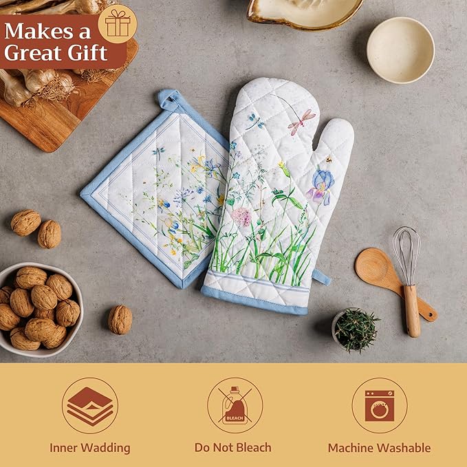 Maison d' Hermine Pot Holders 100% Cotton Heat Resistant Potholders 8" x 8" Hot Pads with Loop BBQ Cooking Baking Gifts for Mothers Day Handling Hot Pans Spring/Summer (Pack of 2, Fleurs De Mai)