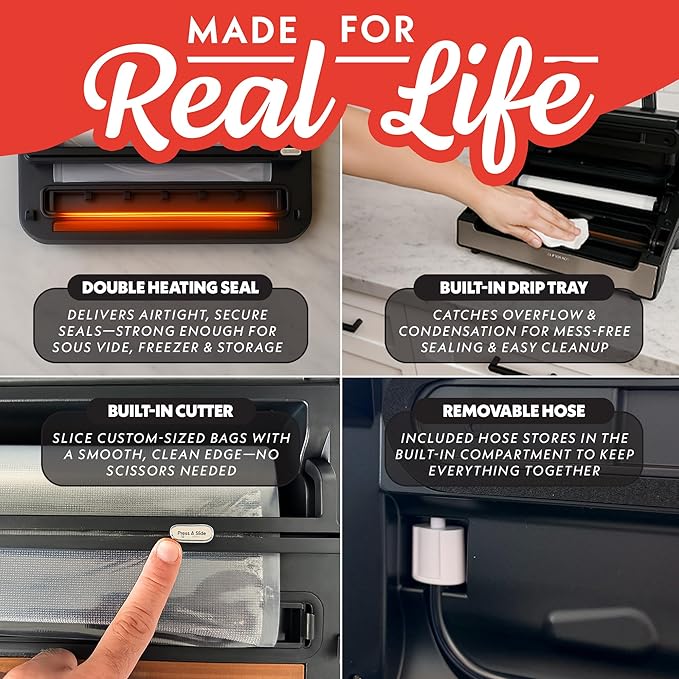 Gourmia Vacuum Sealer – Food Preservation System with Marinate Mode and Vacuum Hose, Pulse Control, LED Display, Built-In Cutter, Gentle & Normal Vacuum Options, Stainless Steel