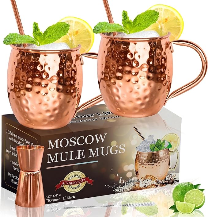 LINALL Moscow Mule Copper Mugs- Set of 2 Copper Plated Stainless Steel Mug 18oz, for Chilled Drinks (2 pcs)