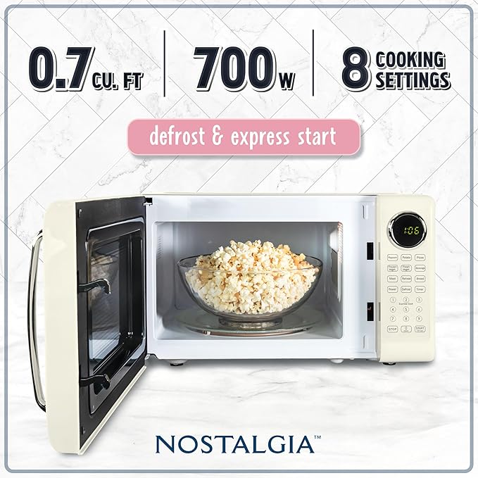 Nostalgia Retro 700W Microwave Oven 0.7 Cu Ft Capacity – Child Safety Lock, 8 Auto-Cook Settings – Countertop Kitchen Appliance – Ivory