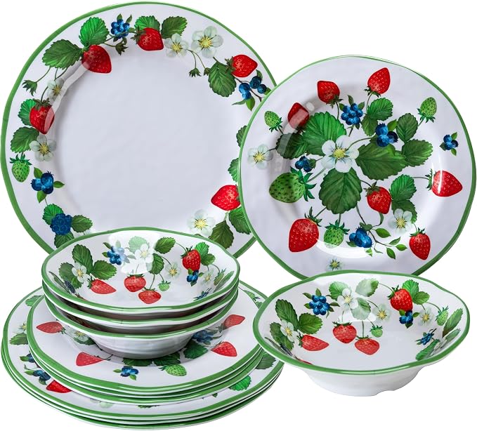 LEHAHA Strawberry Melamine Dinnerware Sets-12pcs Plates and Bowls Set, Lightweight/Unbreakable Camping Dishes Set for 4, Cute Kitchen Dinner Set for Indoor Outdoor Use