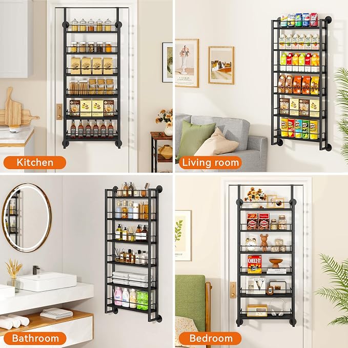 IBUYKE 6 Tier Over The Door Pantry Organizer,Wall Mounted Spice Rack,Door Hanging or Wall,Adjustable Hanging Storage Shelves,Spice Organization for Kitchen cabinet,Bathroom,Closet,Black UTLJ028B