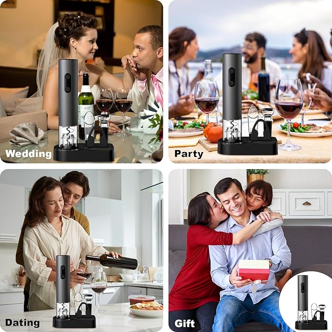 COKUNST Electric Wine Opener Set, 4-in-1 Wine Bottle Openers Set with Base, Automatic Corkscrew with Foil Cutter, Pour, Vacuum Stoppers for Home Party Wedding Bar - Battery Operated (Space Gray)