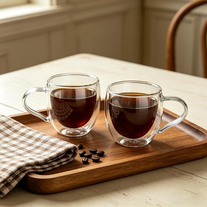 CNGLASS Double Wall Glass Coffee Mugs with Handle,10oz Clear Insulated Glass Espresso Cups for Hot and Cold Beverages,Latte,Cappuccino,Set of 2