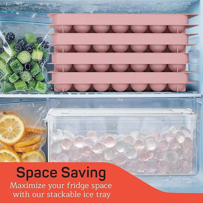 Emporio Kitchen Round Ice Cube Tray Set Pack of 4, BPA-Free Stackable Trays with Lid & Tongs, 33 Ice Balls Per Tray for Whiskey, Drinks, and Cocktails, Quick Release Round Ice Cube Mold, Pink