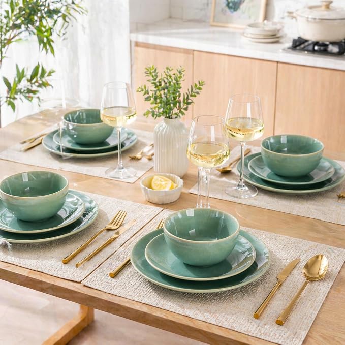 GBHOME Ceramic Dinnerware Sets for 6, 18 Pieces Stoneware Plates and Bowls Sets, Reactive Glaze Dishes -Scratch Resistant, Dishwasher&Microwave Safe-Malachite Green