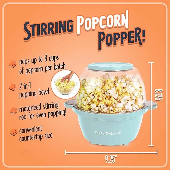 Nostalgia Electric Stirring Popcorn Maker – 2 Qt Capacity – Large Dual-Purpose Lid & Serving Bowl – Great for Gifts, Movie Nights, & Snacks – Aqua