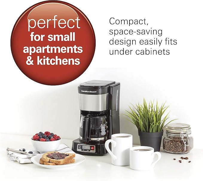 Hamilton Beach 5 Cup Drip Coffee Maker with Easy FrontFill Basket | Compact Design | Programmable Clock | Glass Carafe | Auto Pause and Pour | Black & Stainless Steel | 46111