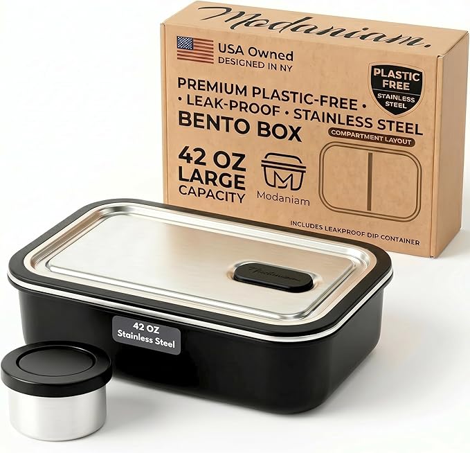 Modaniam Stainless Steel Bento Box Adult, 42 OZ, Stainless Steel Lunch Box Containers, Metal Lunch Box, Leak proof Lunch Containers,Black