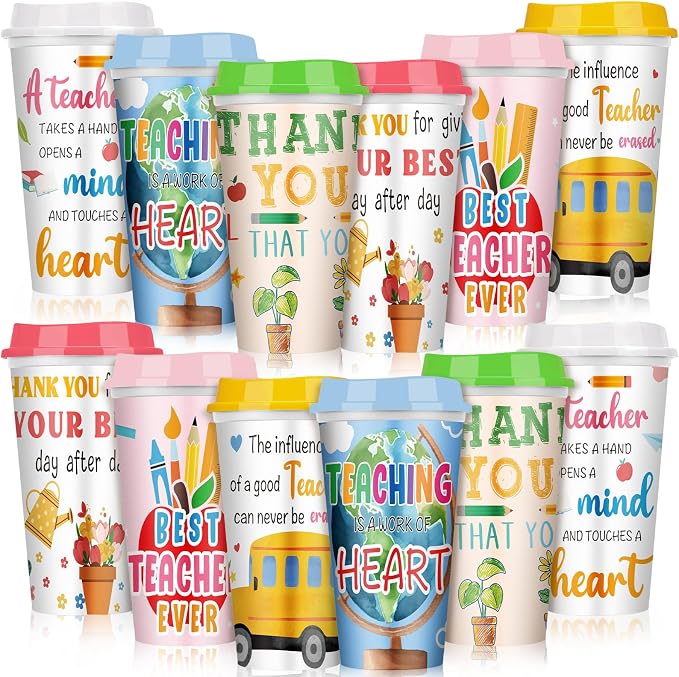 Skylety 12 Pcs Back to School Teachers Gifts Teacher Appreciation Gifts Teacher Deals Bulk Reusable Plastic Coffee Cup with Lid for First Day of School Party Decorations (Vivid)