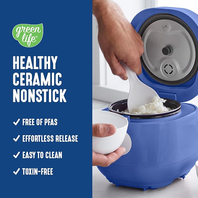 GreenLife Digital Rice Cooker, 2-Cups Uncooked/4-Cups Cooked, Removable Nonstick Ceramic PFAS-Free Pot, One-Touch Presets, Oats, Quinoa, Brown Rice, Auto Keep Warm, Fuzzy Logic Tech, 1.5QT, Navy Blue