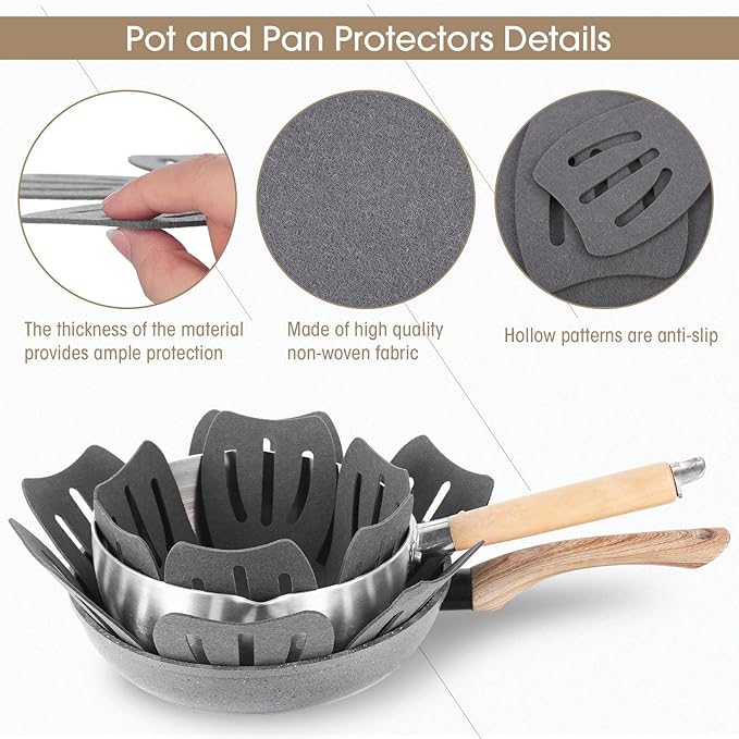 Nuogo 30 Pieces Pan Pot Protectors for Stacking 5 Different Size Max 16" Felt Pan Liners Protector Pad Anti Slip for Protecting and Dividers Stacking Separators(Gray)