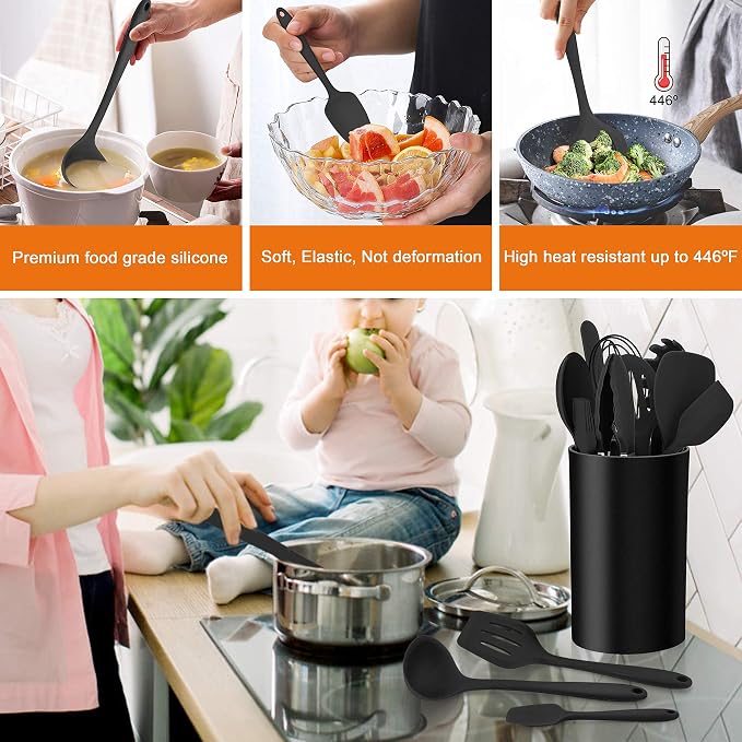 LIANYU 1QT Saucepan and 14 Pcs Cooking Utensils Set with Holder, Tri-Ply 18/10 Stainless Steel Sauce Pan with Lid