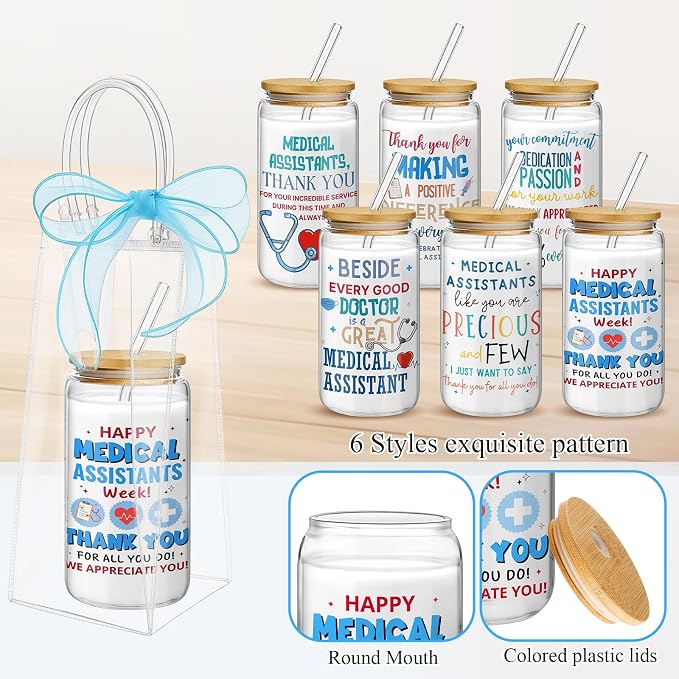 Mumufy 6 Sets Medical Assistants Glass Cups with Clear Gift Bag 16 oz Reusable blue Iced Coffee Mugs Aesthetic Cute Tumbler with Lids and Straws, Gifts for Girls Women Bridesmaid