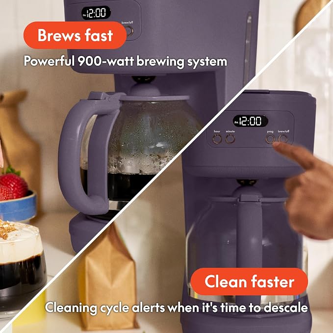 bella 12 Cup Programmable Coffee Maker, Reusable Dishwasher Safe Accessories, Easy LCD display, Auto Shutoff, 900 watt, Plum