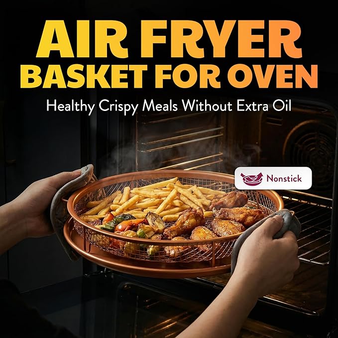 GOTHAM STEEL 2 Piece Copper Air Fryer Tray, Non Stick Air Fry Crisper Baskets for Air Fryers, Oven and Dishwasher Safe, Round Pizza & Bake Pan Frying, PFOA and PFOS Free, Durable & ScratchProof
