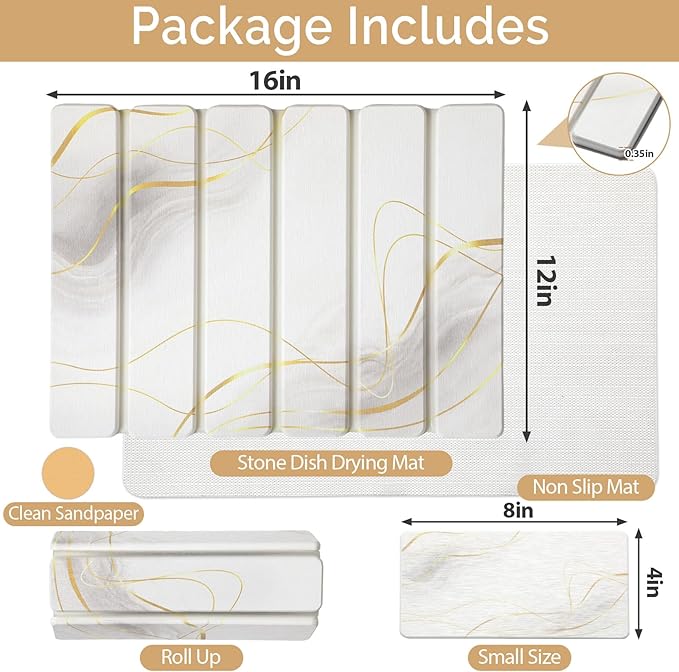 Large Stone Dish Drying Mat for Kitchen Counter, 2PCS Quick Dry Stone Dishes Mat,Foldable Water Absorbing Drying Organizer Pad for Plate Rack Bottles Utensils(Printed White Gold 16"x12" & 8“x4")